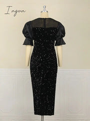 Ingvn - Womens Fashion Women Black Long Dress Sequined Shiny Glitter Embroidered Chest Wrapped Puff Sleeve Classy Winter Fall Party Celebrity Birthday