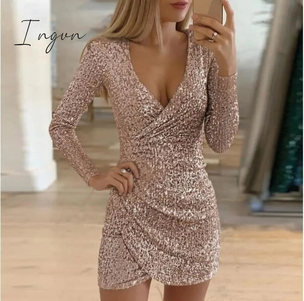 Ingvn - New Sexy Women Dress Sequins Glitter Women V-neck Long Sleeve Self Cultivation Dresses Elegant Ladies Party Dress
