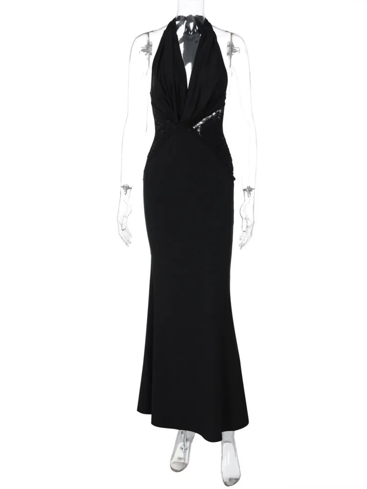 Halter Deep V Neck Sexy Maxi Dress For Women Gown Black Lace Off-shoulder Backless Sleeveless Bodycon Long Dress