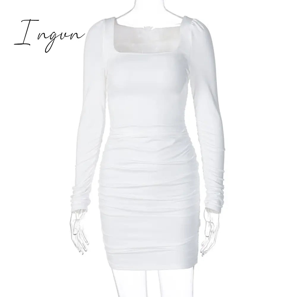 Ingvn - Hot Sale White Long Sleeve Dress For Women Black Vestido de Mujer Robe Femme Autumn Spring Ruched Elegantes Bodycon Dresses
