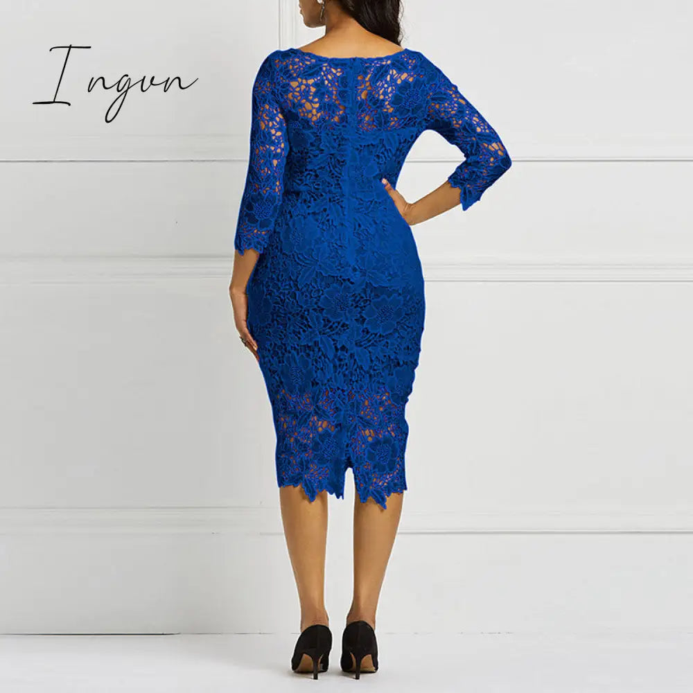 Ingvn - Women Midi Dress Hot Sale Elegant Sexy OL Bodycon Floral Hollow Lace Female Fashion Evening Party Chic Sheath Ladies Dresses