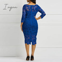 Ingvn - Women Midi Dress Hot Sale Elegant Sexy OL Bodycon Floral Hollow Lace Female Fashion Evening Party Chic Sheath Ladies Dresses