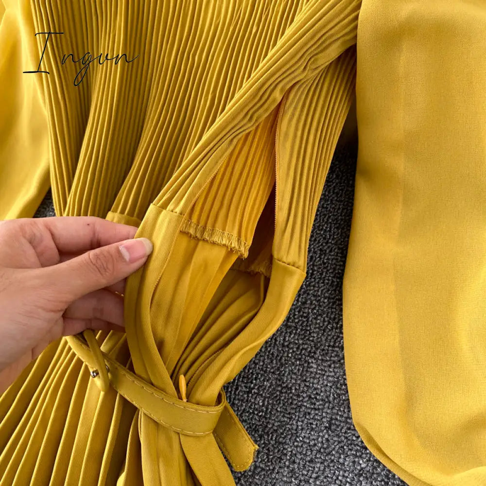 Ingvn - Vintage Women Pleated Long Dress Female Elegant Lantern Long Sleeve High Waist Red/Purple Draped Maxi Vestidos Spring Autumn New