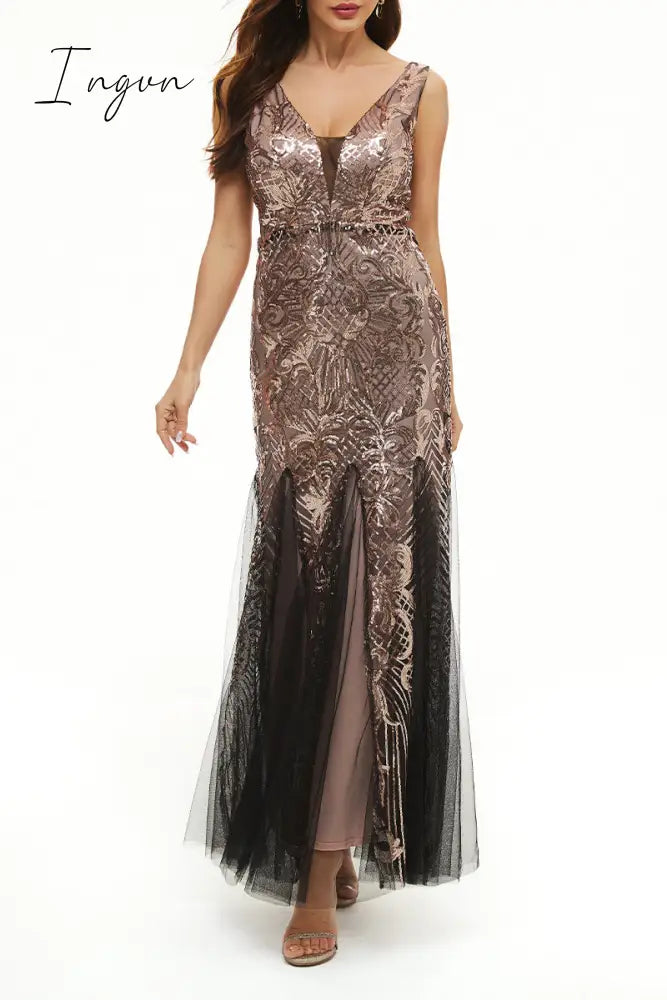 Ingvn - Elegant College Patchwork Sequins V Neck Evening Dress Dresses