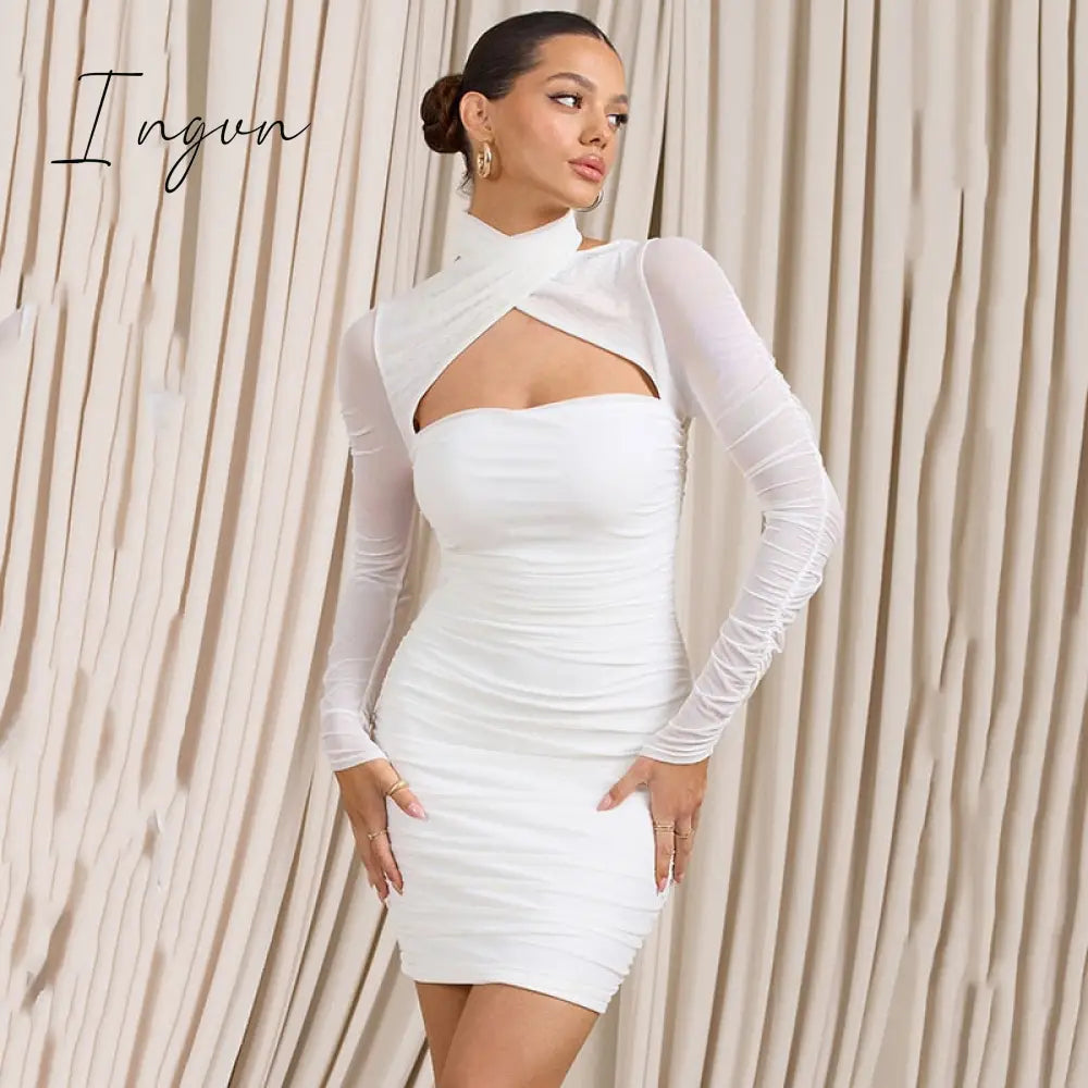 Ingvn - Mesh Ruched Backless Mini Dress Women Robe Autumn New With Zipper Halter Long Sleeve Bodycon Sexy Party Dress Vestidos