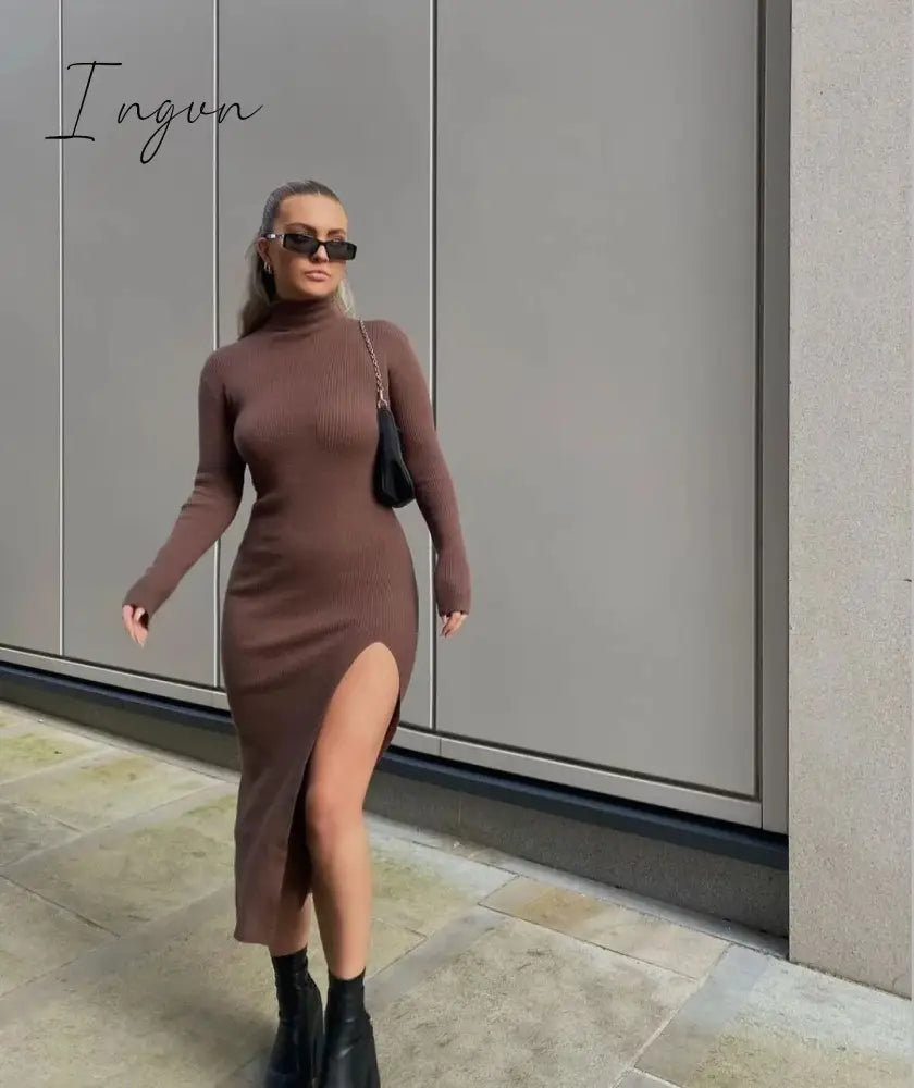 Ingvn - Dress Women Long Sleeves High-Neck Elastic Midi Dress Fashion Elegant Chic Lady Knit Sweater Dresses Women robe femme