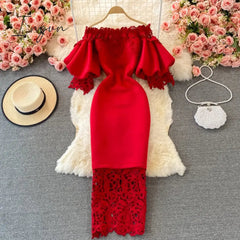 Ingvn - Sexy Hollow Out Lace Bodycon Long Dress Women Elegant Red/Pink/White Off Shoulder Patchwork Maxi Party Vestidos Autumn New