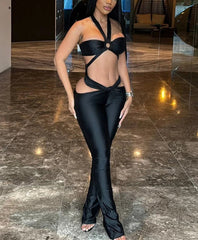 Sexy Stunning Women 2 Piece Coquette Solid Hollow Halter Crop Tanks+Slash Waist Slim Pants Female Clubwear Midnight Sets
