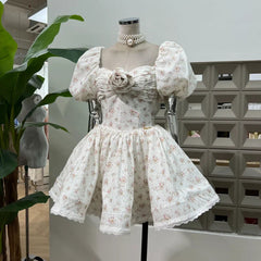 French Spliced Appliques Sweet A Line Dresses For Women Slash Neck High Waist Printing Lace Backless Dress Female Fashion