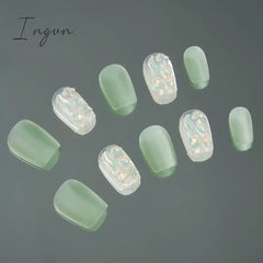 Frosted Mint Green Handmade Nails Spring Cat Eye Short Nails Press on Full Cover Acrylic Nails Art Stick on Tips Accessories