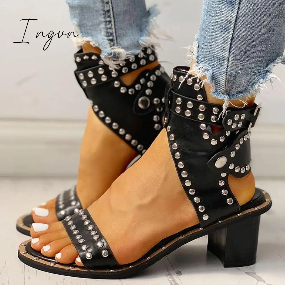 Ingvn - Open Toe Rivet Chunky Heeled Sandals For Women