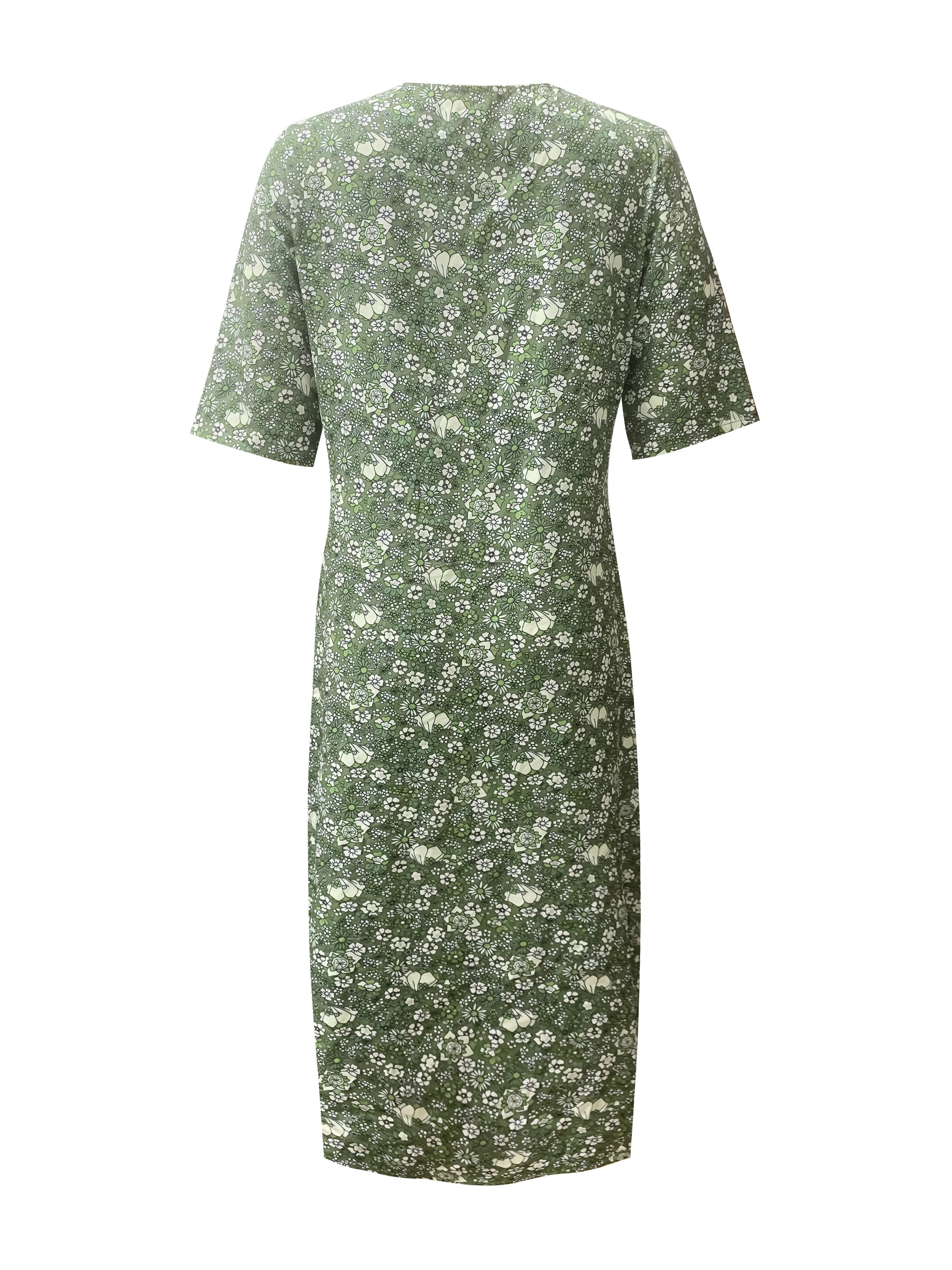 Vibrant Ditsy Floral V-Neck Dress - Comfy Ruched Design with Handy Pockets - Perfect for Summer Casual Outings, Women’s Fashion