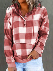 Ingvn - Women's Hoodie Sweatshirt Pullover Fashion Button Drawstring Front Pocket Red Blue Purple Plaid Casual Hoodie Long Sleeve Top Micro-elastic Fall & Winter