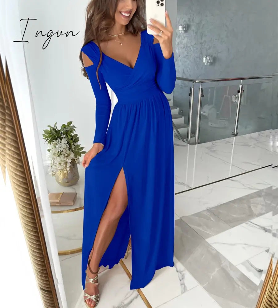 Ingvn - Sexy Long Evening Dress Elegant Dress For Women V-neck Side Split Party Dresses Female Summer Fashion Casual Club Ladies Clothes