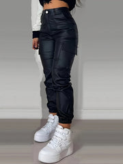 Stretchy Cargo Jeans - High-Waisted, Multi-Pocket, Leather-Look, Y2K Streetwear-Inspired, Fashionable Jogger Jeans for Women - Comfortable, Versatile, and Trendy Denim Clothing