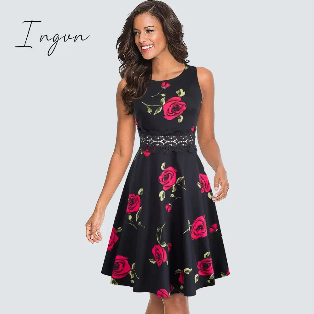Ingvn - Women Vintage Casual Round Neck A line Summer Elegant Floral Lace Patchwork Sleeveless Tunic Party Swing Dress HA079