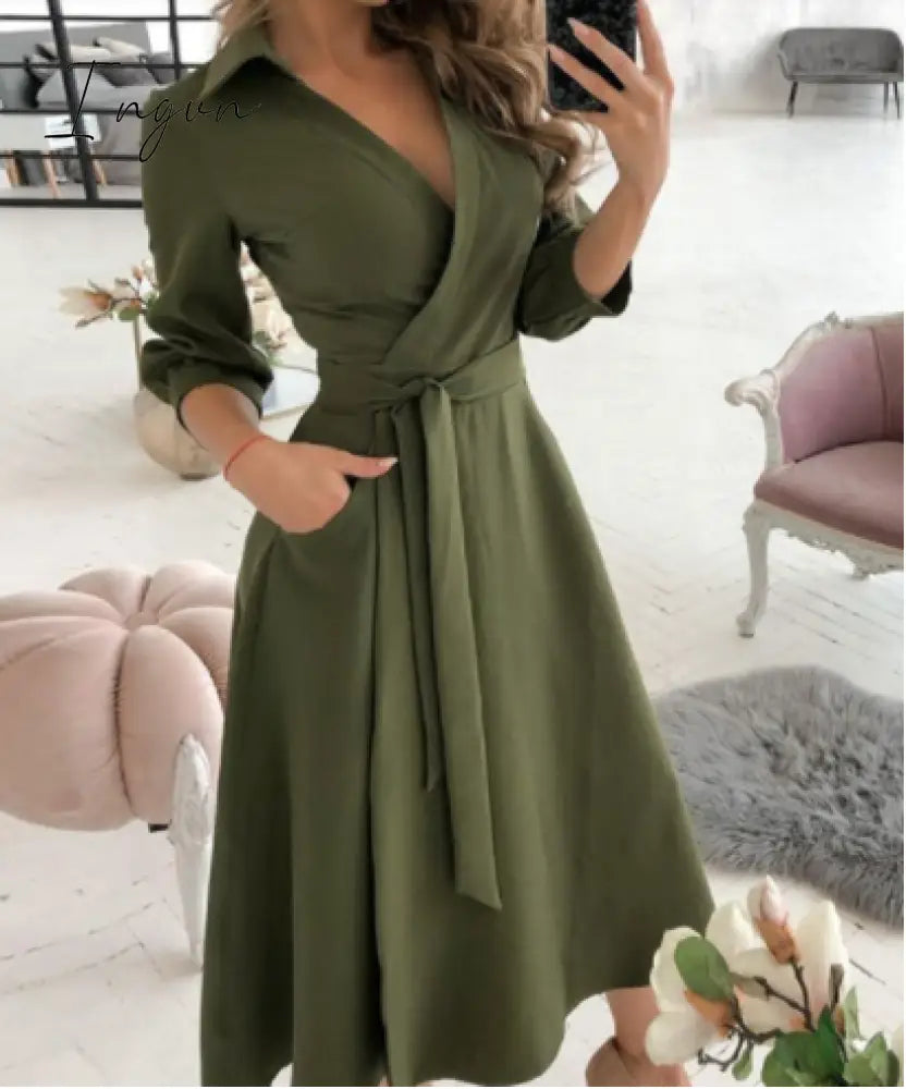 Ingvn - Spring and summer fashion plus size ruched dress long-sleeved V-neck print bag hip dress women's clothing dress for women