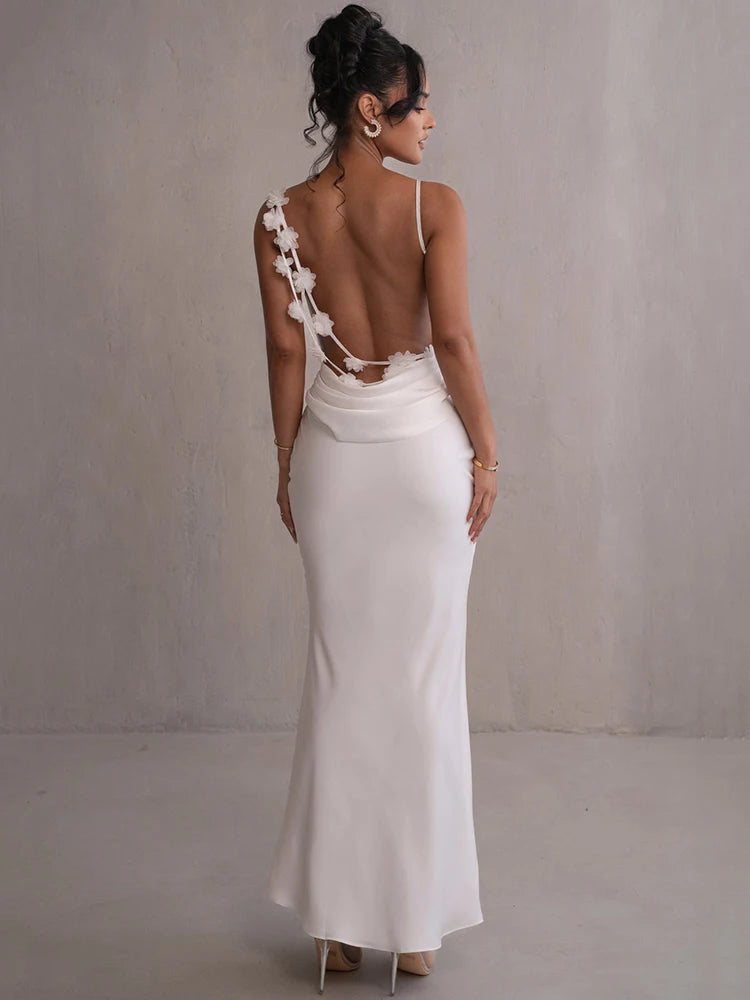 Floral Draped Backless Maxi Long Dress For Women Fashion Spaghetti Strap Sleeveless Bodycon Evening Party Dress Elegant