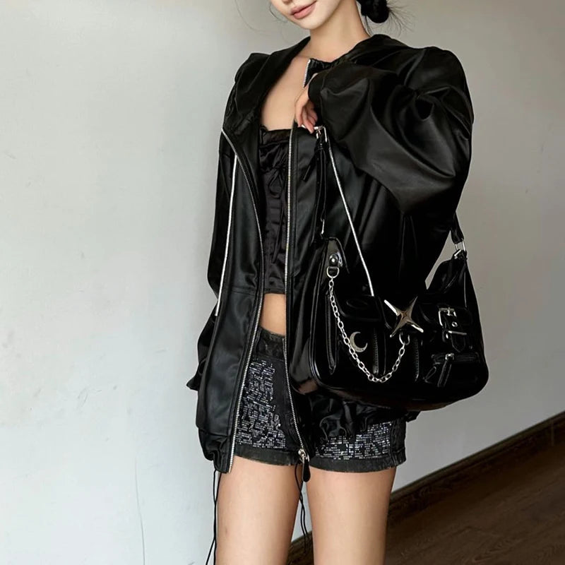 INGVN  Y2k Women Shoulder Bag Harajuku Fashion Gothic Casual Black Chains Handbag Hot Girls Pu Leather Ladies Motorcycle Bag