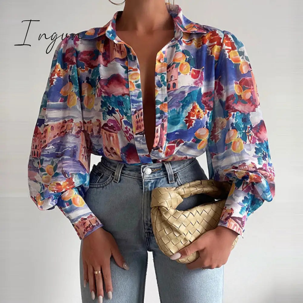 Ingvn - Spring Fashion Women Shirt Lantern Long Sleeves Casual Solid Color Printed Slim Buttons V Neck Blouse Commute High Street Shirts