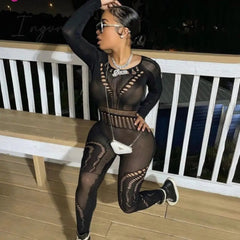 Ingvn - Hollow Out Knitted Mesh Jumpsuits Women Sexy See Through Long Sleeve Hipster Stretchy Skinny Overalls Clubwear Romper