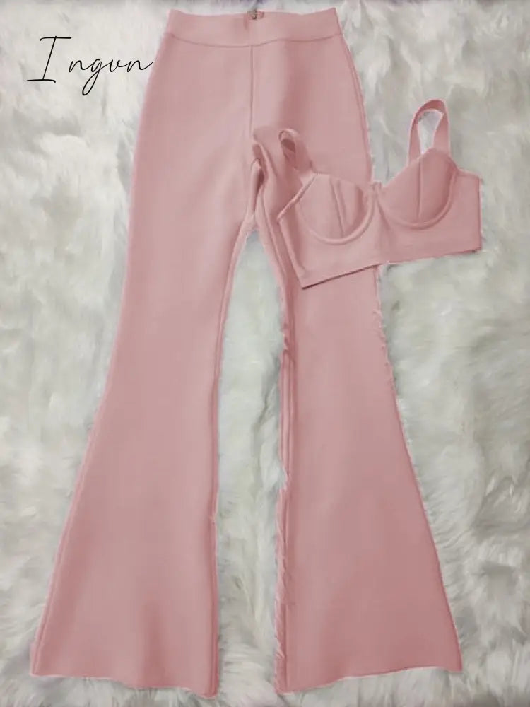 Ingvn - Summer New Women's Fashion Sexy Bandage 2 Two-piece Set Sleeveless Tight Short Top &  High Waist Flared Trousers Pants Set