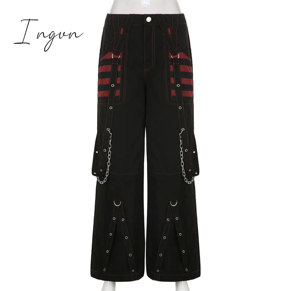 Ingvn - Fashion Trends Gothic Chain Bandage Wide leg Pants Women Oversize Low Rise Dark Academic Trousers Streetwear 90s Baggy Pant Punk Style