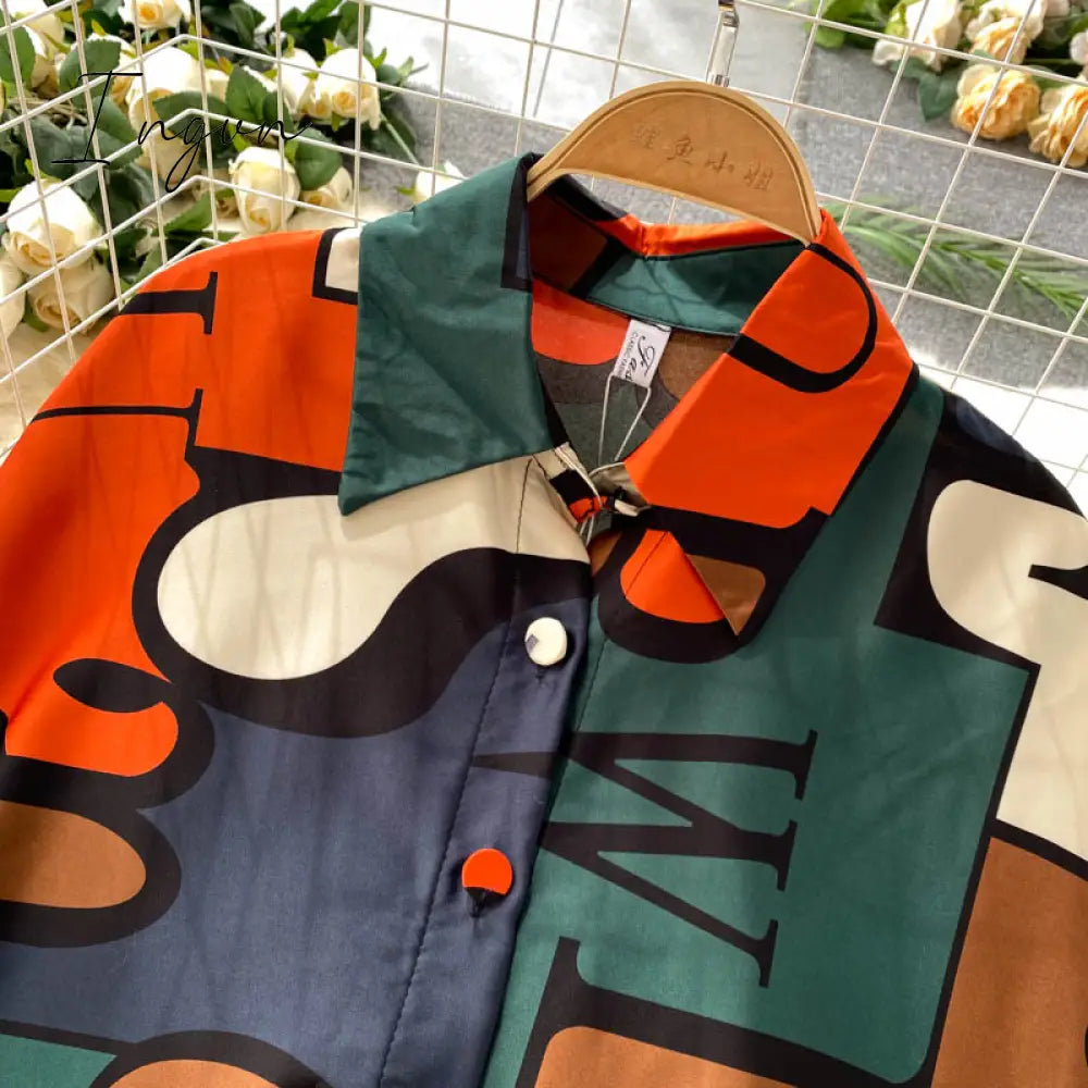 Ingvn - Women's Dress Spring Retro Print Casual Set Design Batwing Sleeve Single Breasted Blouse+High Waist Long Pants Two Piece Suits