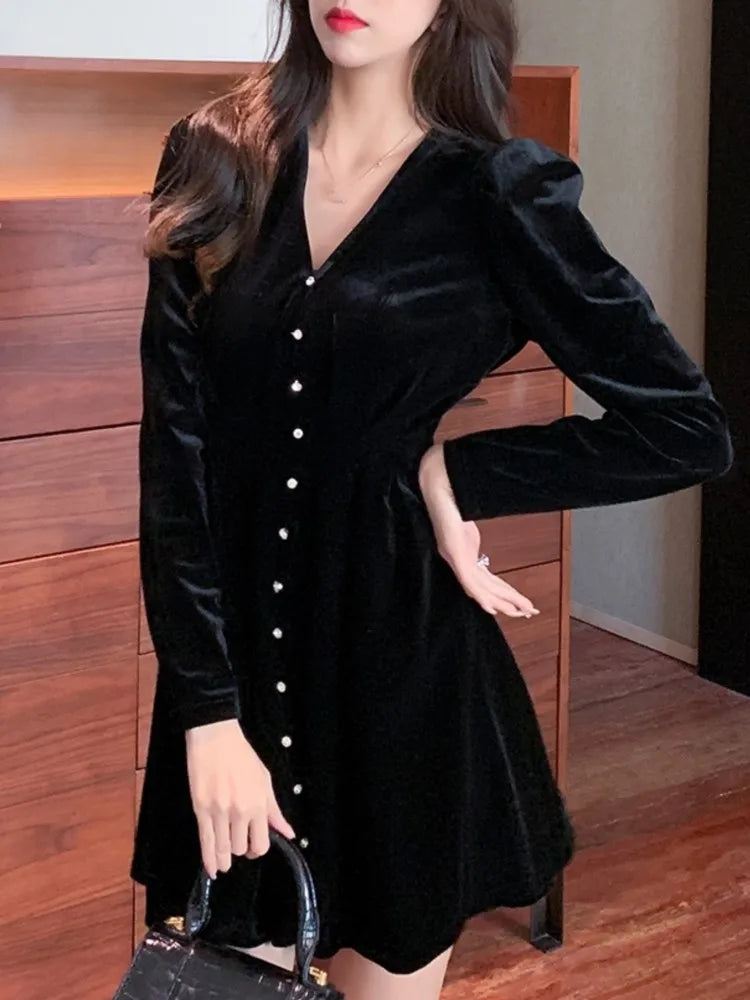 Elegant Solid Velvet Dresses for Women V-neck Long Sleeve A-line French Mini Dress Party Evening Autumn Casual Vestidos Mujer