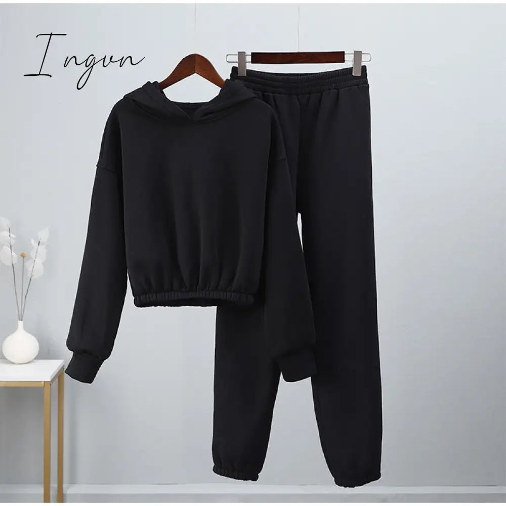 Ingvn - Fashion Casual Fleece Tracksuits Women Solid Warm 2 Piece Set Loose Hoodies And Sweatpants Suit Autumn Winter Sportswear Outfits