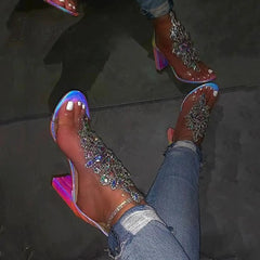 Ingvn - Line-Style Buckle Open Toe Chunky Covering Casual Rhinestone heels
