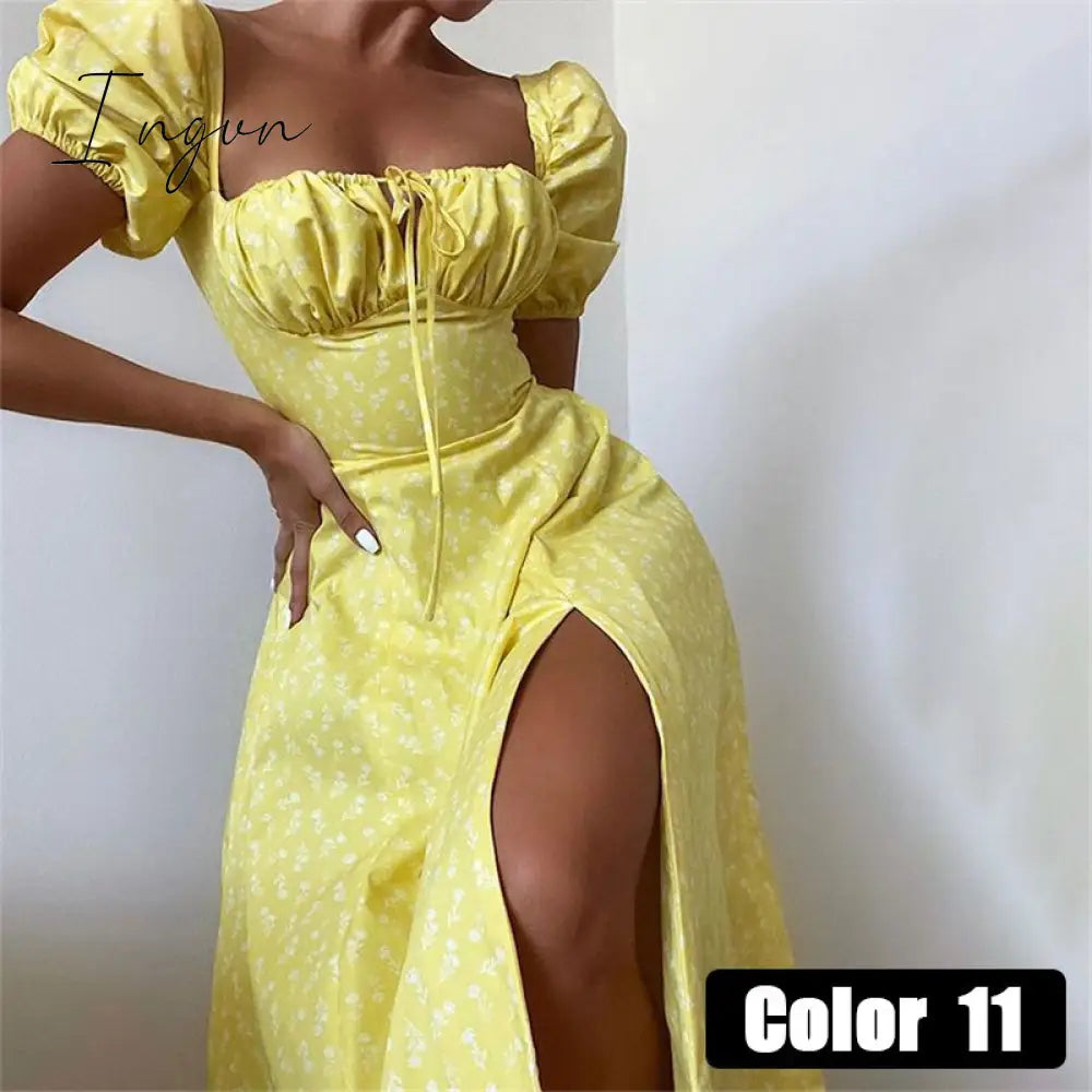 Ingvn - womens fashion Vintage Square Collar Printed Dress Women Sweet Puff Sleeve Slim Long Casual Split Spring Summer Floral Dress Ladies New