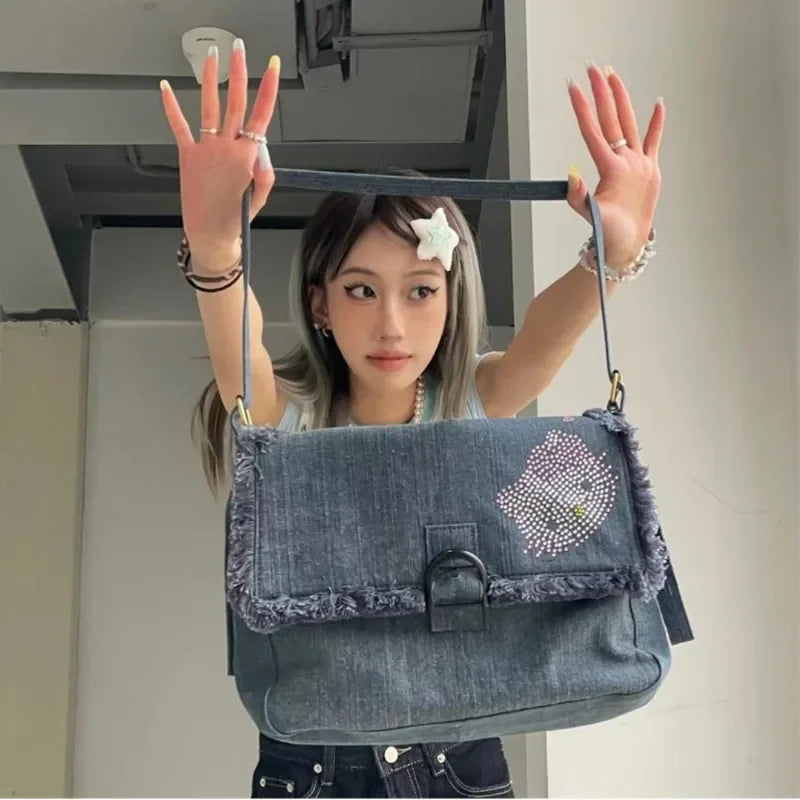 Ingvn  Hello Kitty Vintage Shoulder Bag for Women Y2k Denim American Style Original Armpit Bag Literary Harajuku Fashion Handbag