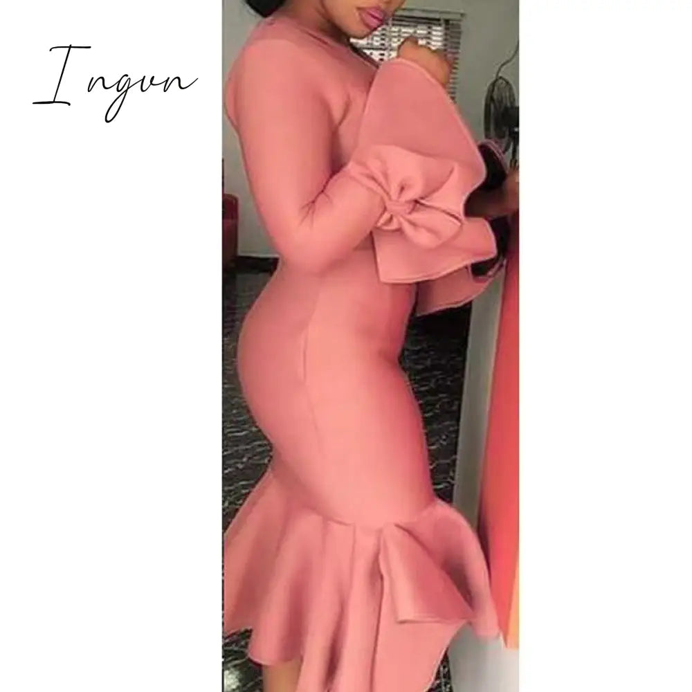 Ingvn - African Fashion Women Dresses Office Style High Waist A Line Yellow Mid Calf Elegant Business Work Wear Clothes Dress Midi New