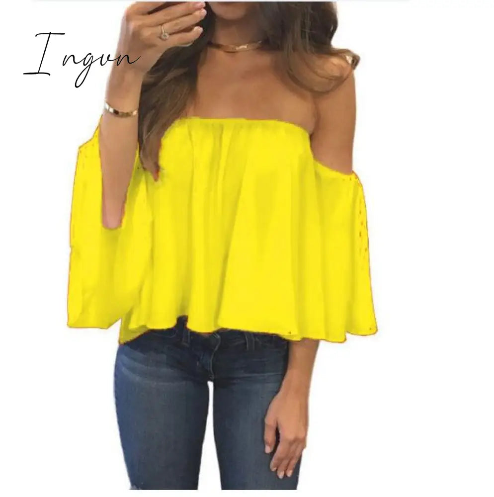Ingvn - Summer T-shirt Women Fashion Sexy Chiffon Off Shoulder Shirts Strapless Short Sleeve Beach Tops Tee Feminine 5XL