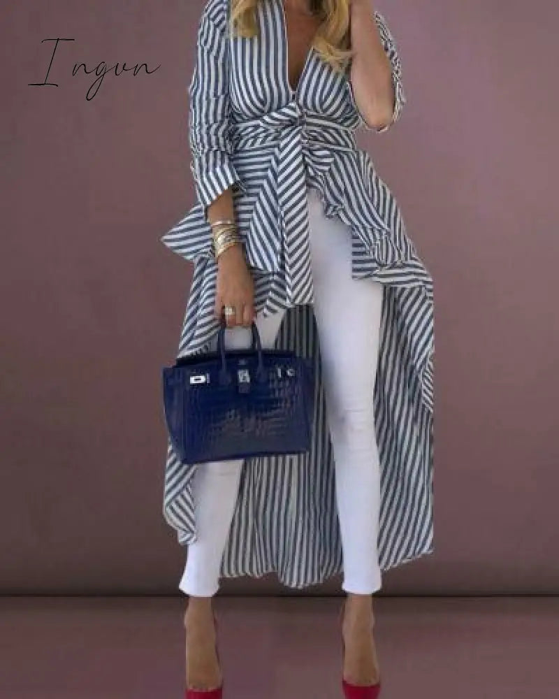 Ingvn - High Street Women Stripe Shirts Long Sleeve V-neck Loose Tops Blouse Striped Tied Front Dip Hem Shirt With Belt Long Shirts