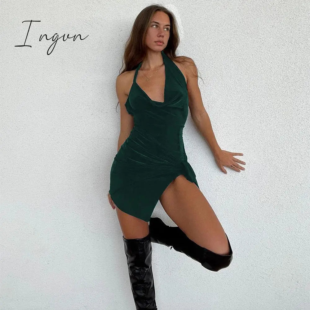 Ingvn - 2023 Summer New Women's Wear Halter Neck Hollow Strappy Slit Sexy Fashion Dress Sexy Backless Irregular Strappy Evening Dress