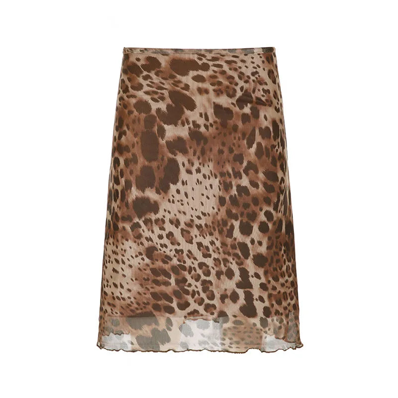 Vintage y2k Leopard Print Midi Skirt Women Low Rise Patchwork Straight Long Skirts 2000s Aesthetic Ladies Clothing Casual