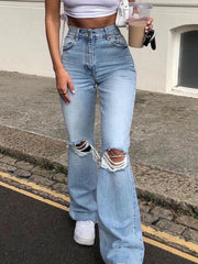 Ingvn  Blue Ripped Jeans for Women  High Waisted Elastic Vintage Streetwear y2k Wide Leg Jean Pants Flared Korean Style