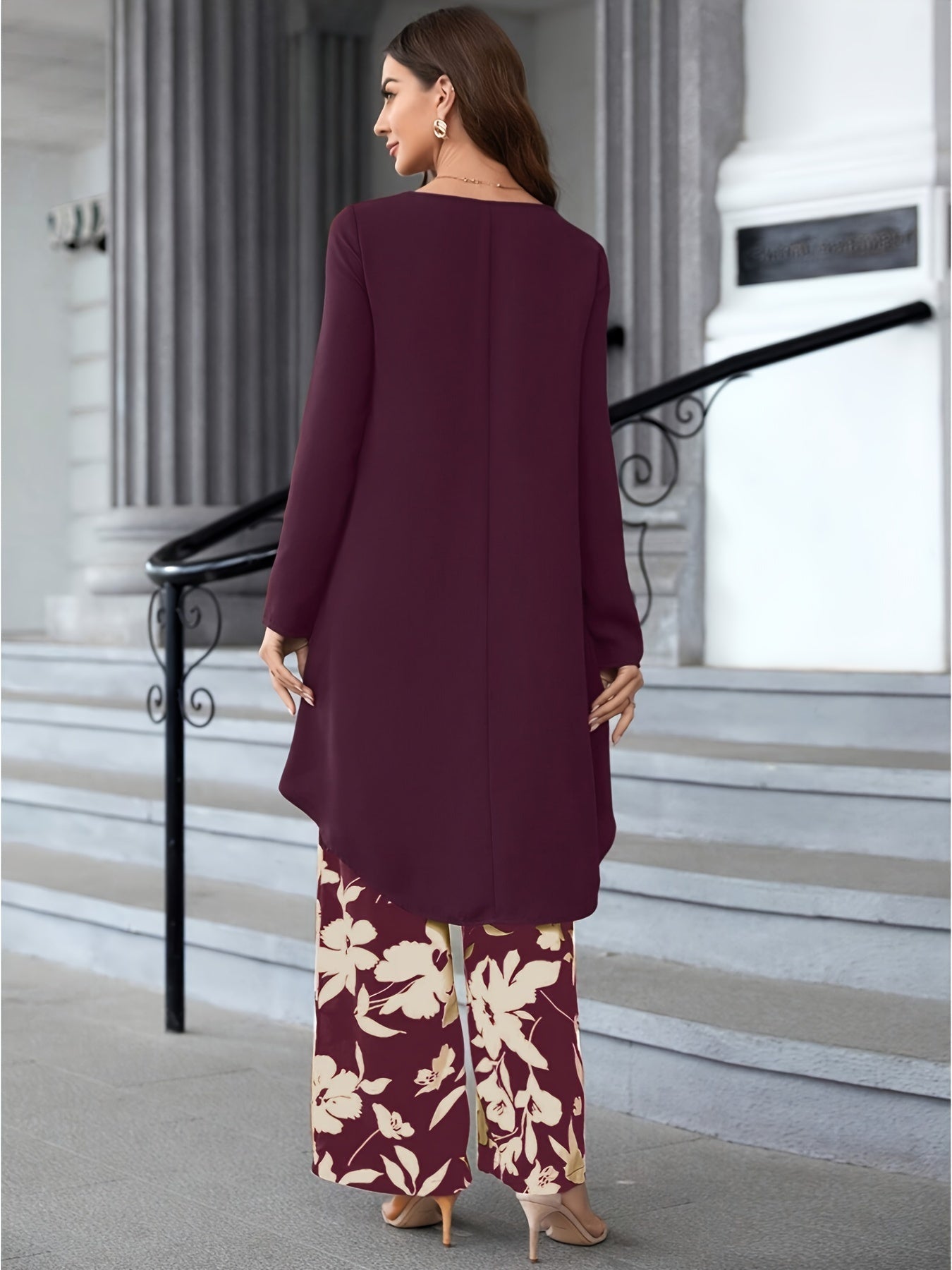 Two Piece Set: Solid Long Sleeve Crew Neck Top & Floral Print Wide Leg Pants for Spring & Fall, Women's Elegant Outfits