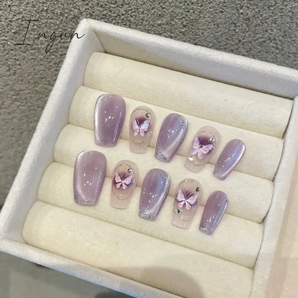 10pcs Handmade Press On Nails Purple Cat Eye Fake Nails Buttfly Design False Nails Full Cover Wearable Manicure Fake Nail Tips
