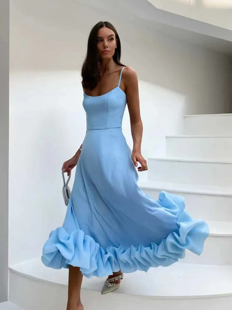 Ingvn  Elegant Party Evening Maxi Dresses for Women Spaghetti Strap Backless Sexy Long Summer Dress Ruffles Aline Dress