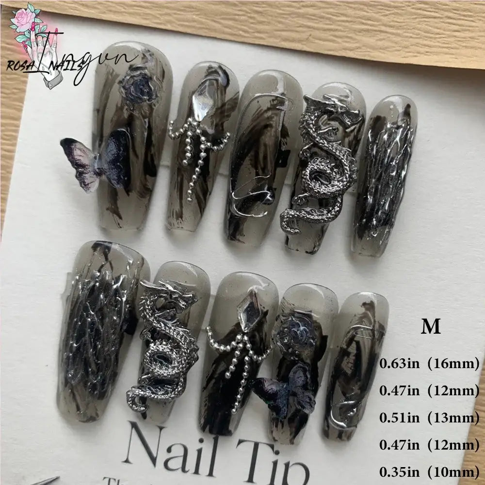 Punk Dragon Charms Press on Nail Artificial Long False Nails XS Black Dragons Goth Presson Tips Butterfly Fake Nail y2k Pressons