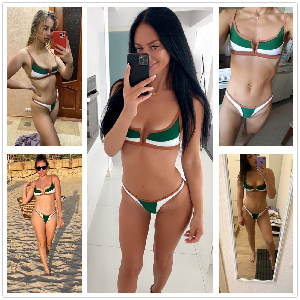 Vintage Retro Bikini Patchwork Swimsuit Thong Brazilian Sexy Swimwear Female  New Summer Micro V-bar Green Bathing Suits