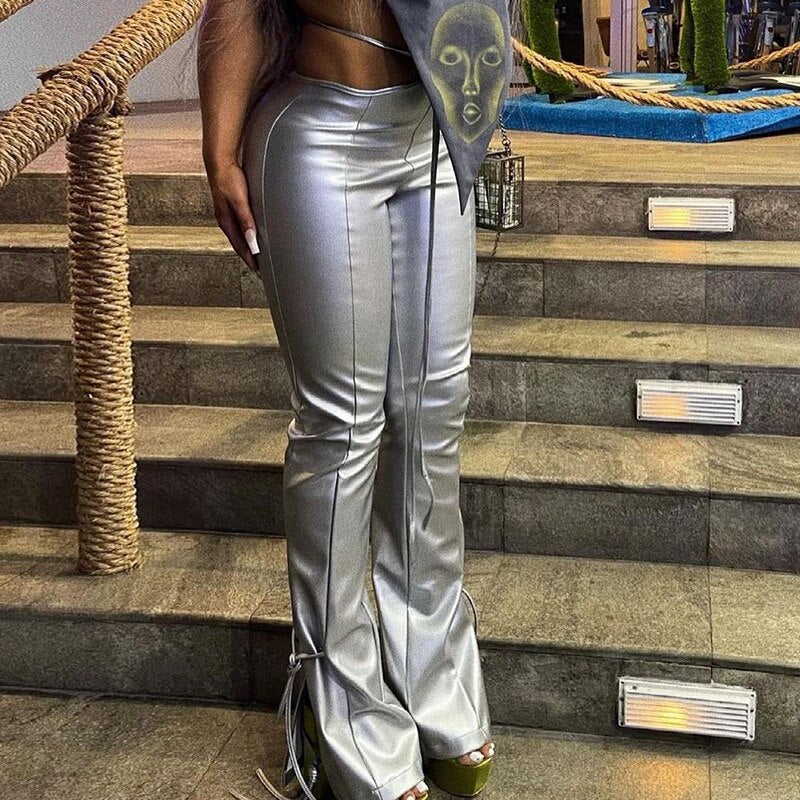High Waist Solid Pu Leather Bandage Cut Out Pants Autumn Winter Women Fashion Streetwear Casual Flares Trousers