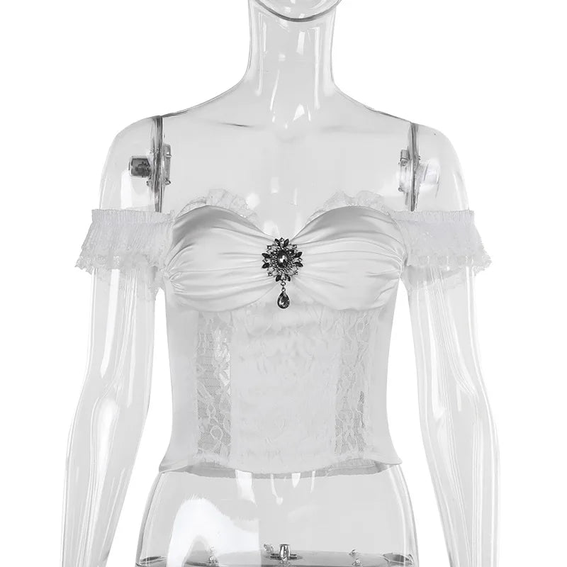Gothic Bride Off-Shoulder Strap Cropped Top for Women Vintage Style Elegant Spicy Girls Versatile T-Shirt.