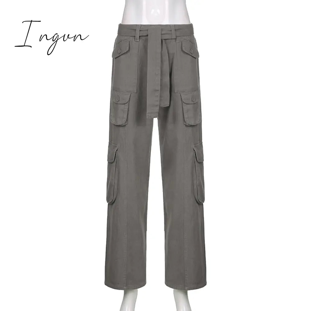 Ingvn - Hot Sell Quality Grunge Streetwear Cargo Pants Woman Low Waist Baggy Mom Jeans Vintage 90s Hippie Wide Leg Denim Trousers Korean Outfits