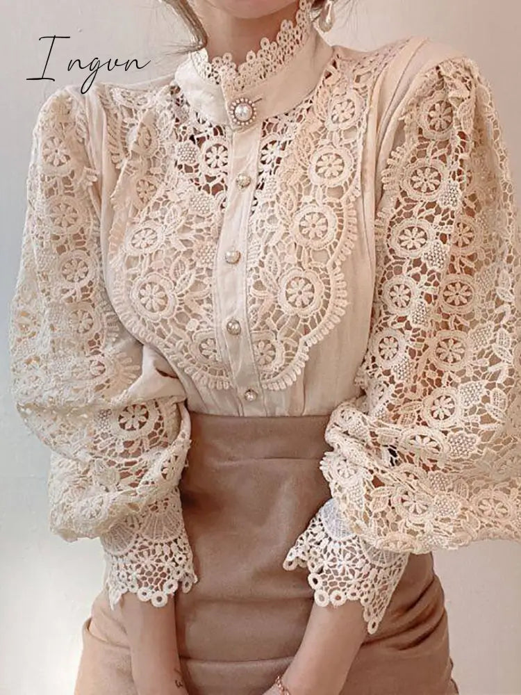 Ingvn - Elegant Women's Blouse Vintage Lace Spliced Long Sleeve Pink Button Up Woman Shirt Tops Fashion Casual Ladies Blouses Top