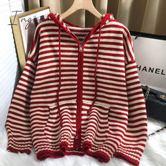 Ingvn - Autumn Winter Red Stripes Hooded Knit Cardigan Woman Korean Fashion Loose Casual Sweater Zipper Coat Oversized Long Sleeve Top