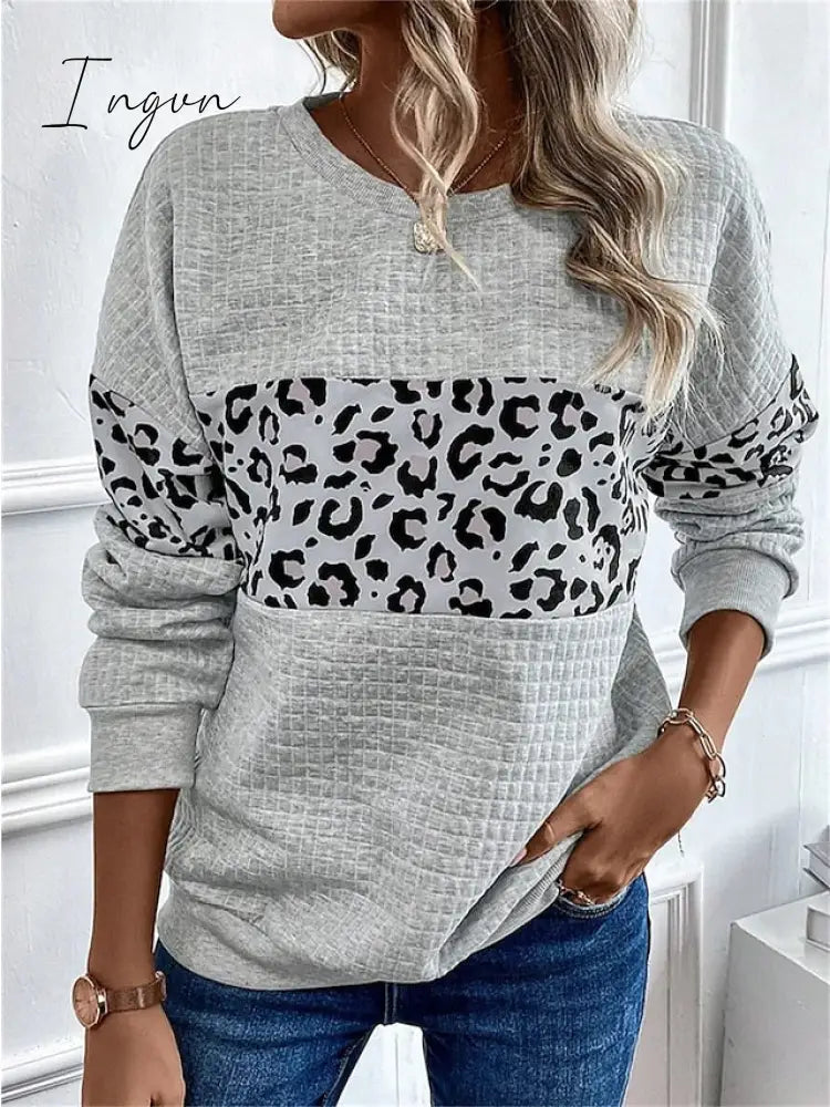 Ingvn - Women's Sweatshirt Pullover Basic Gray Leopard Casual Round Neck Long Sleeve Top Micro-elastic Fall & Winter